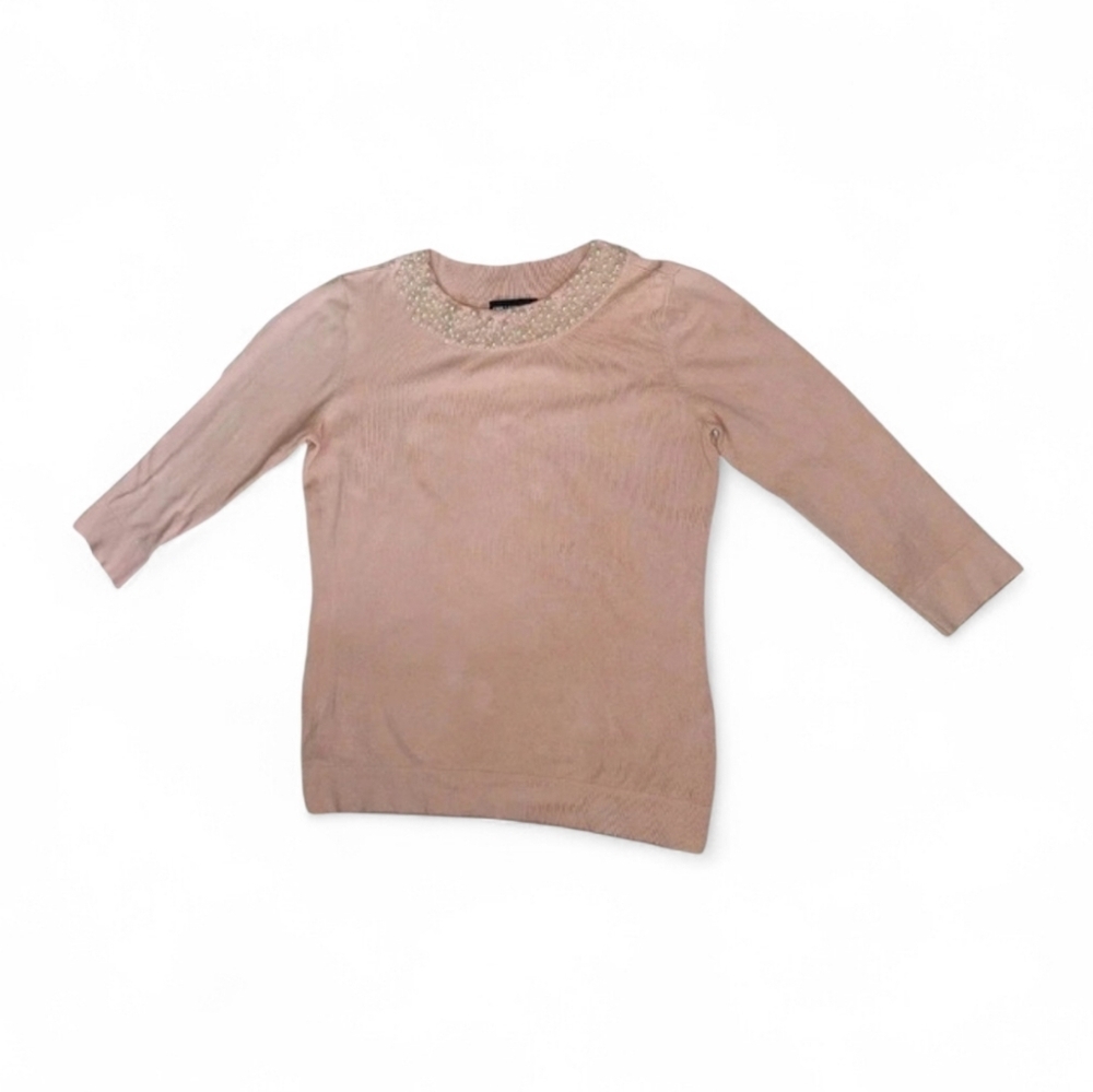 Karl Lagerfeld Paris Faux Pearl Neck Pale Pink  Lightweight Pullover Sweater, M